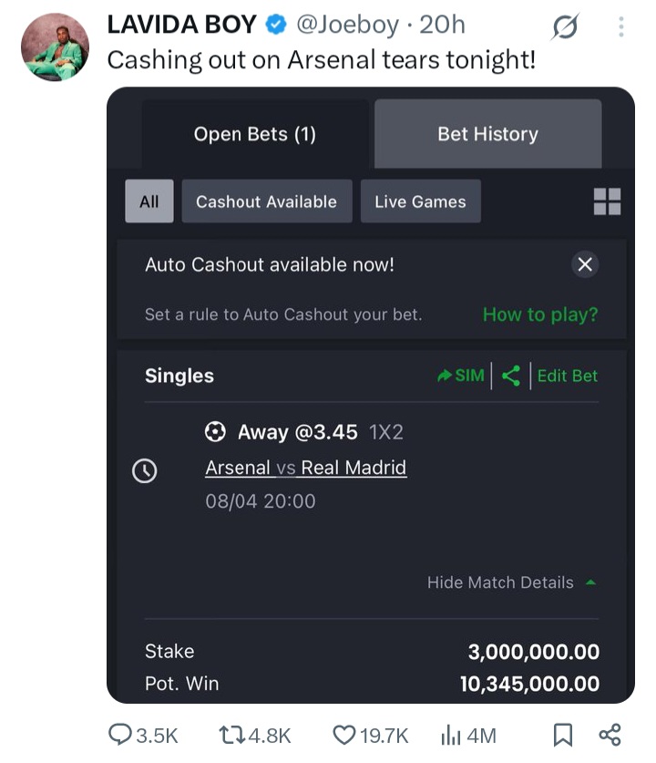 Joeboy loses 3 million on Arsenal vs Real Madrid game