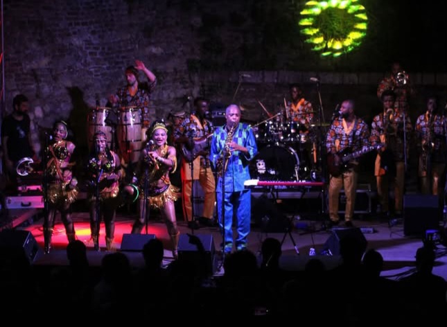 Femi Kuti and his band performing on stage
