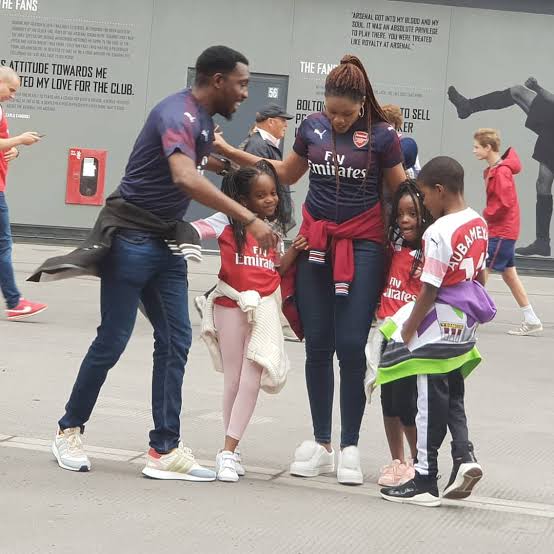 Timi Dakolo and his family at Emirate Stadium to watch Arsenal game