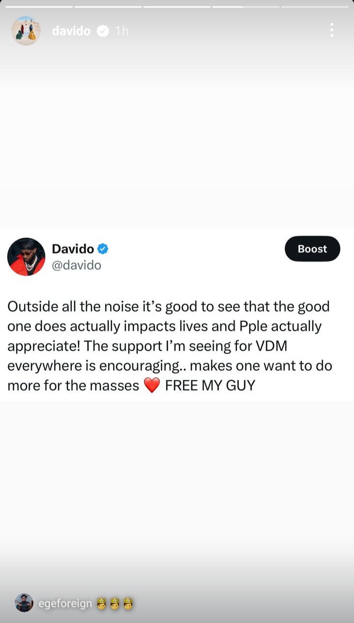 Davido calls for VDM to be freed