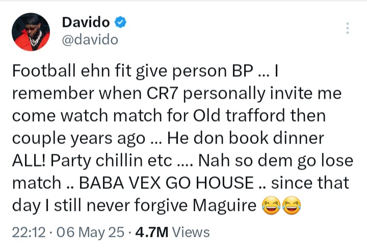 Davido tweets about Ronaldo experience