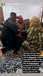 Cubana ChiefPriest and wife, De Angels kneel to greet VP Shettima 