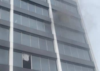 Firefighters battling a fire at Afriland Tower on Broad Street, Lagos Island.