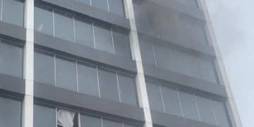 Firefighters battling a fire at Afriland Tower on Broad Street, Lagos Island.