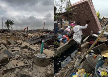 Bulldozers demolish a row of shanties and small buildings in Lagos.