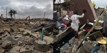 Bulldozers demolish a row of shanties and small buildings in Lagos.