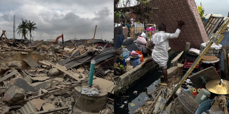 Bulldozers demolish a row of shanties and small buildings in Lagos.
