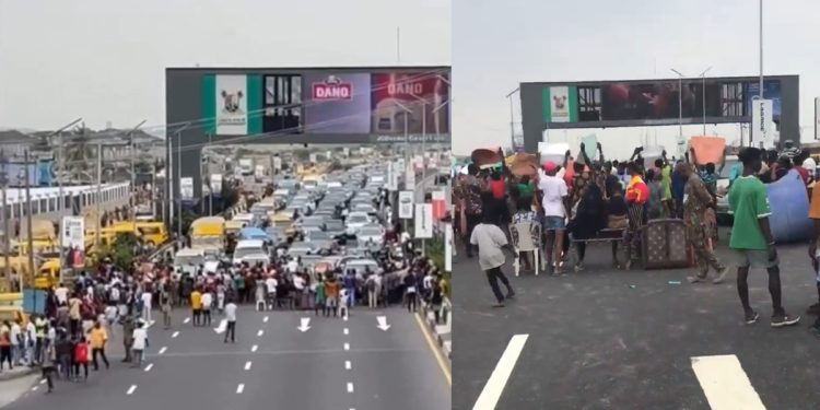 Protesters carrying signs and banners on the Third Mainland Bridge, blocking traffic.