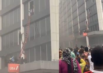 A UBA bank branch on Lagos Island with smoke rising from it.