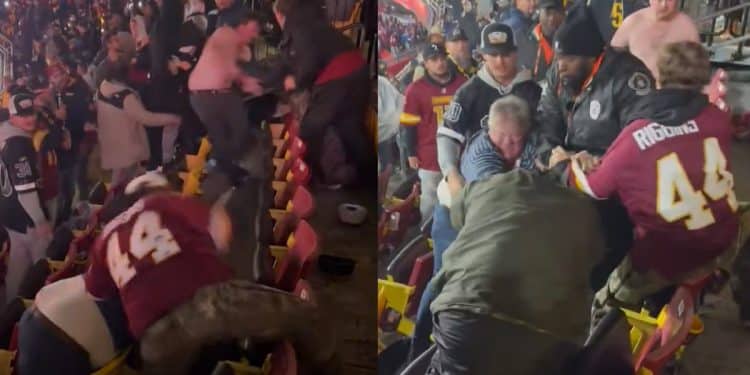 Two Washington Commanders football fans fighting in the stands at Northwest Stadium while a game is being played.