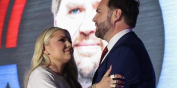 Erika Kirk hugging JD Vance at Turning Point USA event after Charlie Kirk's death