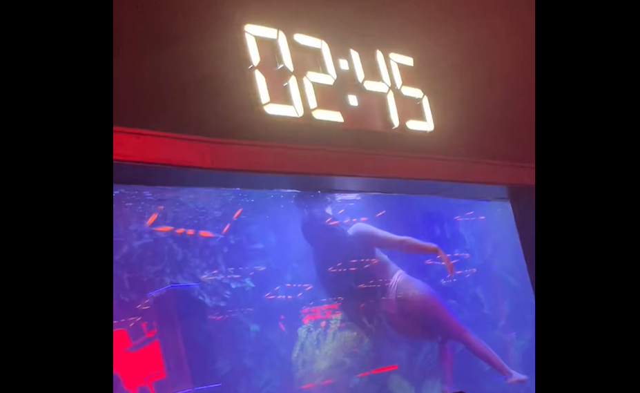 Human swimmer performing in large aquarium tank at Club 2:45 Lagos during unveiling