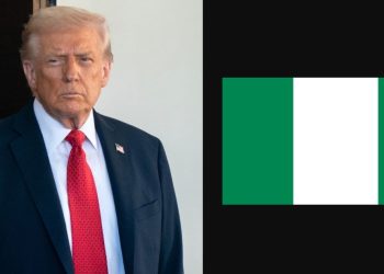 Donald Trump threatening military action against Nigeria amid Christian persecution claims, with Nigerian flag and oil resources in focus.
