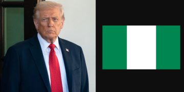 Donald Trump threatening military action against Nigeria amid Christian persecution claims, with Nigerian flag and oil resources in focus.