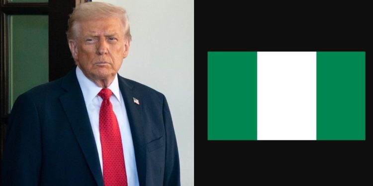 Donald Trump threatening military action against Nigeria amid Christian persecution claims, with Nigerian flag and oil resources in focus.