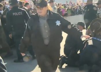 Protesters holding signs outside the Broadview ICE facility near Chicago.