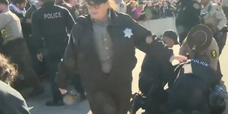 Protesters holding signs outside the Broadview ICE facility near Chicago.