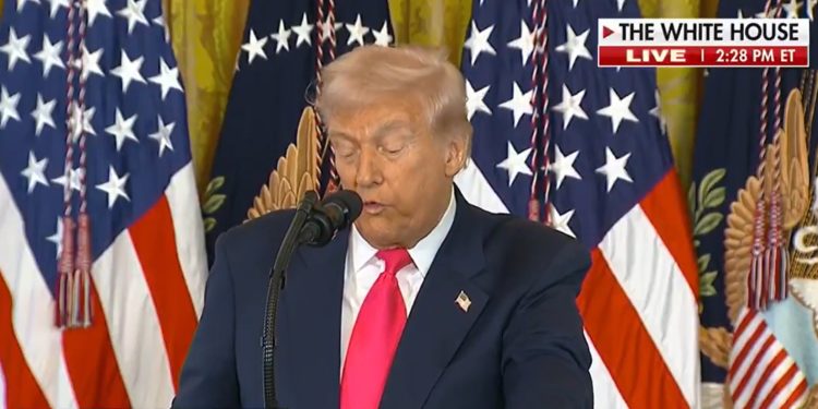 Donald Trump speaking at a podium while critics reference the SNAP food stamp lawsuit.